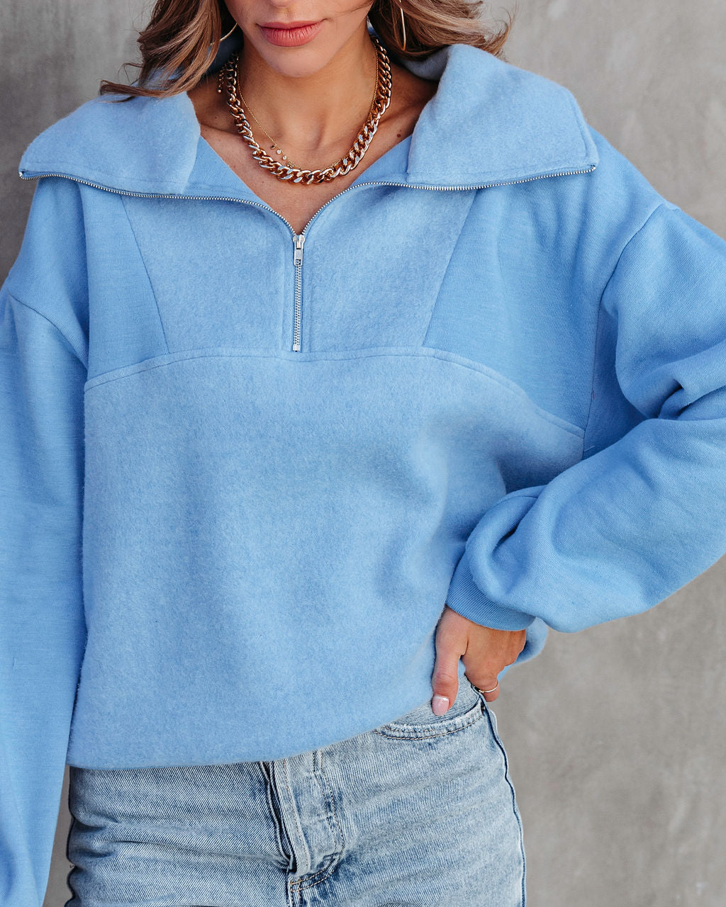 Blakely Fleece Half Zip Pullover Sweater - Blue - Se7enfashion
