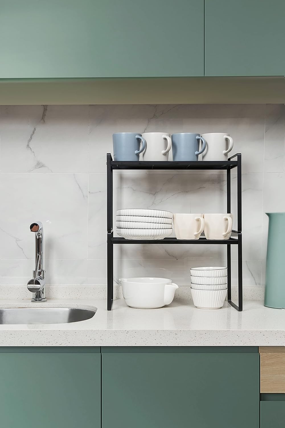 Shantton 2Pack Kitchen Cabinet Shelf Counter Organizer Rack Pantry Storage Bathroom Bedroom Office Table Desk Space Saving Stackable Rust Resistant Non Slip Black Tall Wide L16.1in W10.6in H9.5in