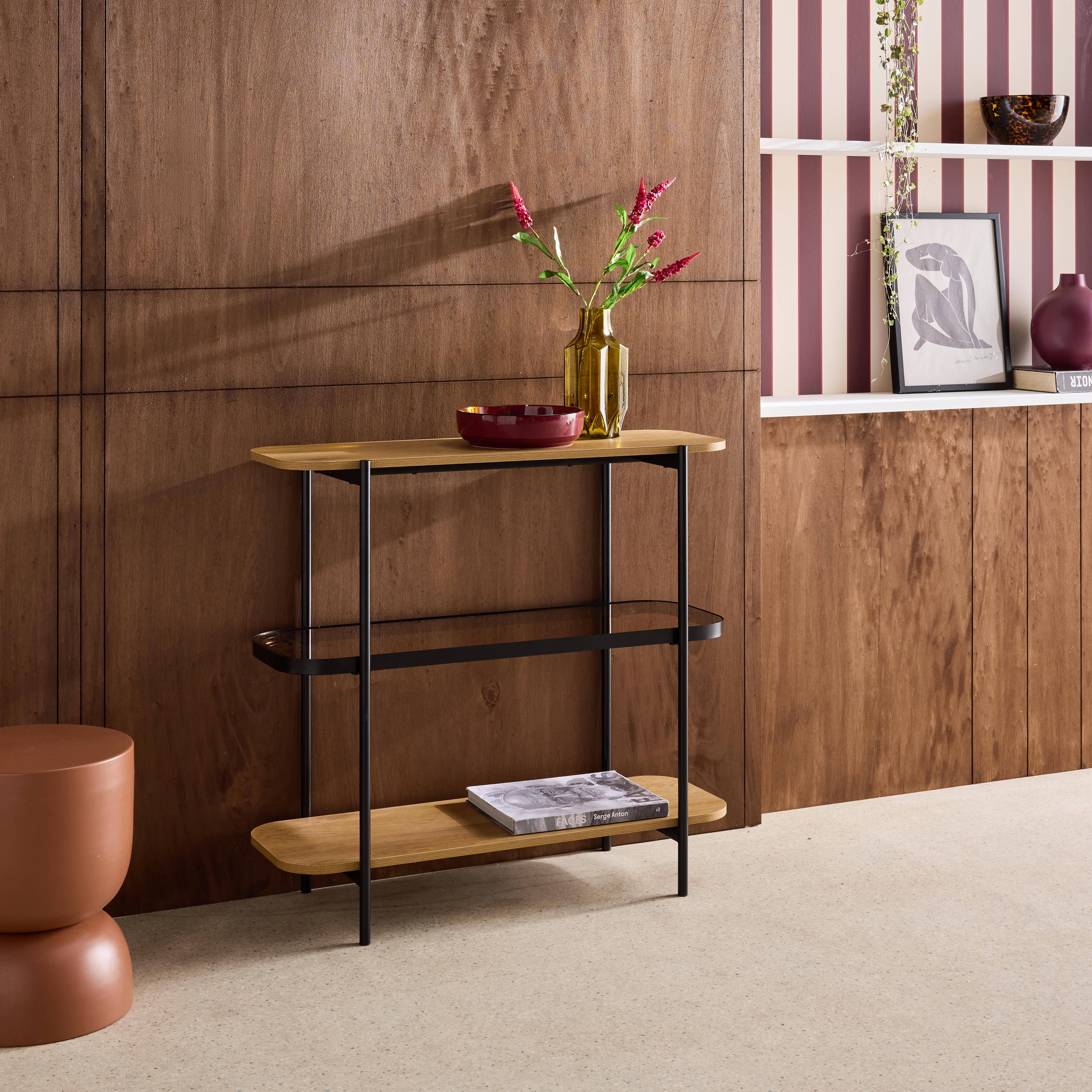 Smooky - Estantería librería de vidrio, decoración de madera y metal, 3 niveles