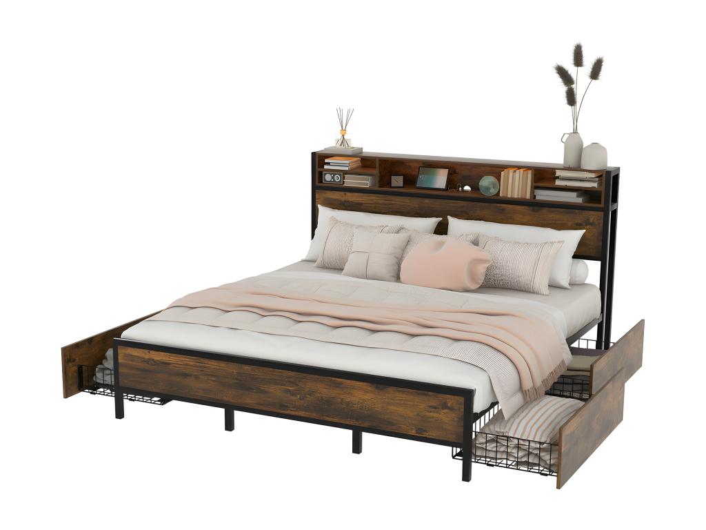 Cama doble con 4 cajones- 180x200cm- con Joliven y función de carga- estructura de- Marrón