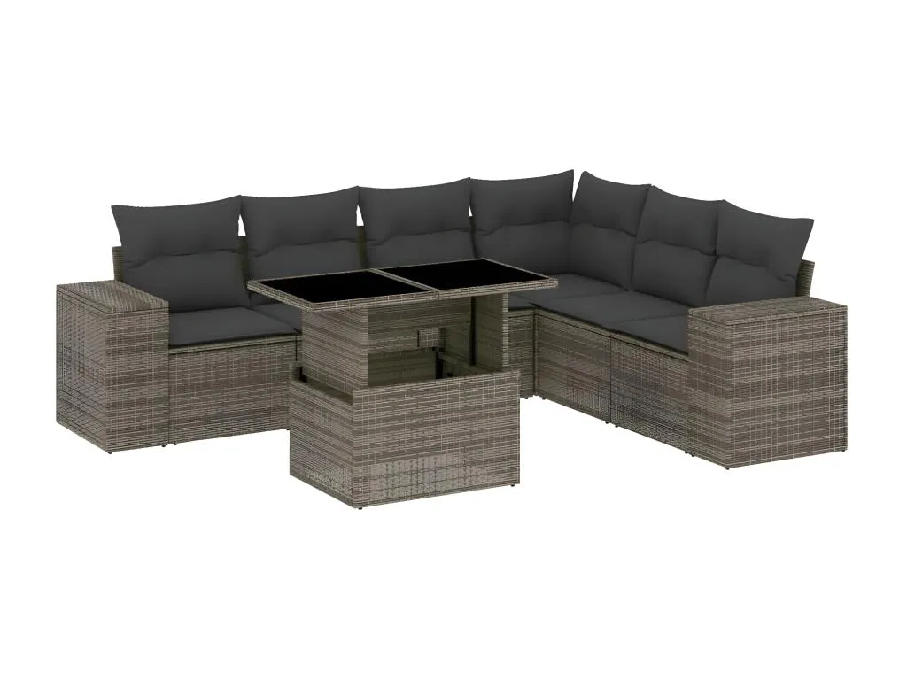Set de sofás de jardín 7 piezas con cojines ratán sintético gris