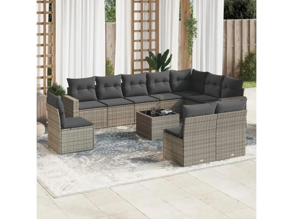 Set de sofás de jardín 11 pzas y cojines ratán sintético gris MXPC19099