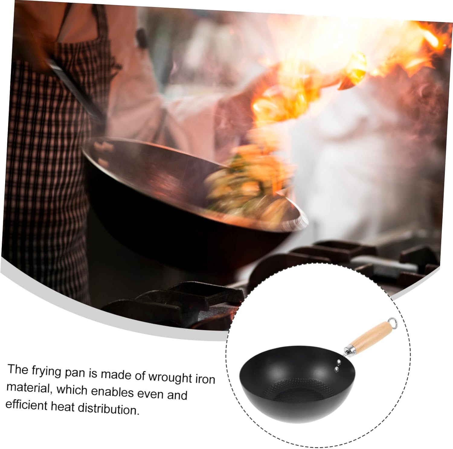 COLLBATH Small Iron Wok Non-Stick Gas Stove Frying Pan 14.56X7.87X3.54 Inch for Home Kitchen Cooking Versatile Japanese Style Cookware