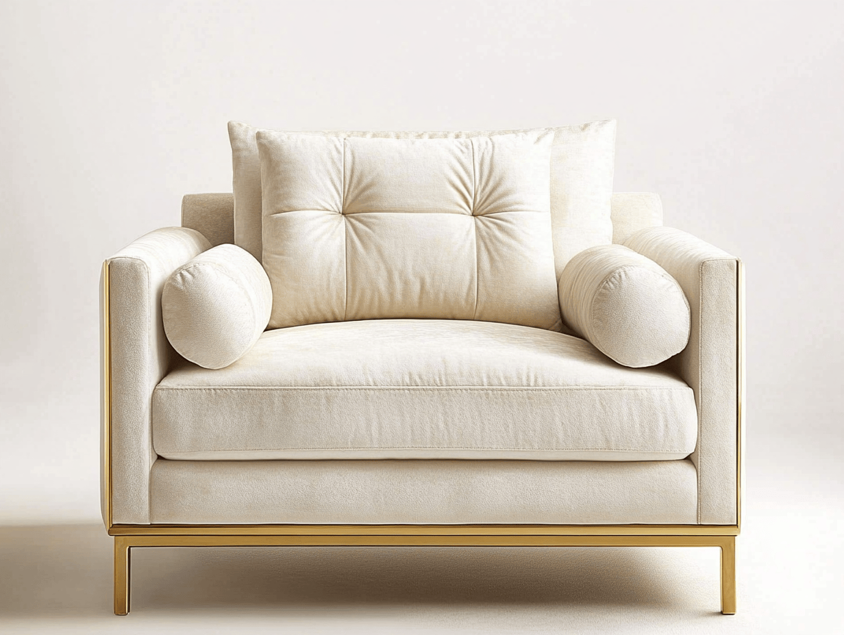Sillón cuadrado de diseño con base dorada y cojines cilíndricos