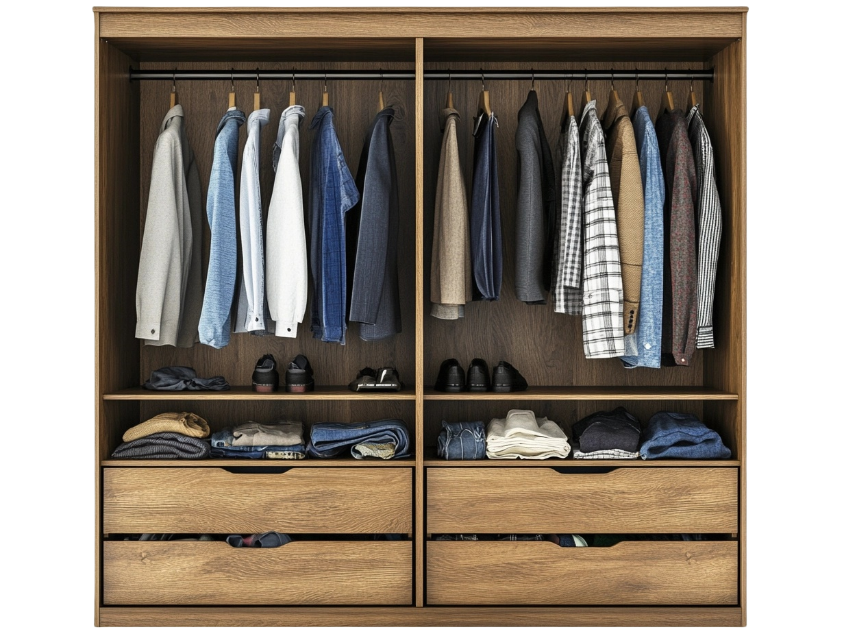 Armario de madera de roble para dormitorio con dos cajones y barra para colgar 200x150cm px2778301
