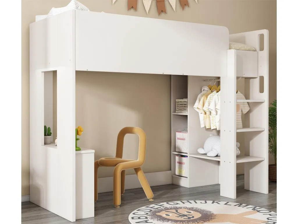 Cama altillo para niños de 90x200 cm - con armario estantes abiertos y escaleras - Blanco 43970ECHK