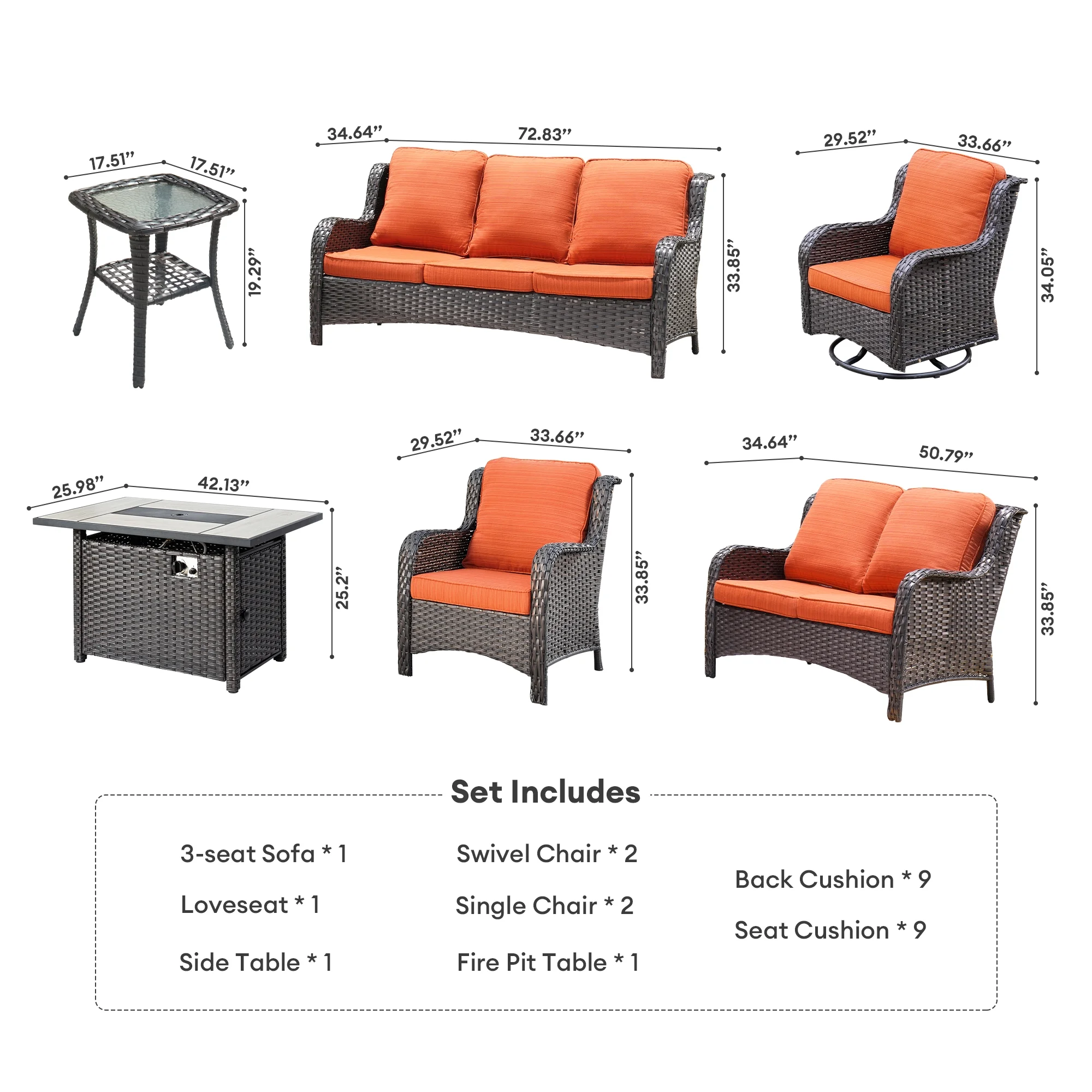 Vcatnet 8 Pieces Outdoor Patio Furniture Sectional Sofa All-weather Conversation Set with Swivel Rocking Chairs and Fire Pit Table for Garden,Poolside,Gray - Image 21