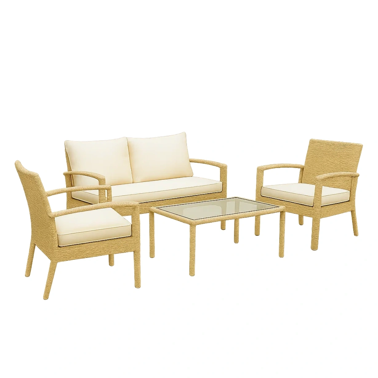 Muebles de salón para jardín 4 asientos,madera beige,sofá de 140x70x75 cm,sillas de 70x70x75 cm,mesa de 80x40x40 cm,cojines beige,instalación exterior para patio o terraza - KdLKtWKv3Kp3