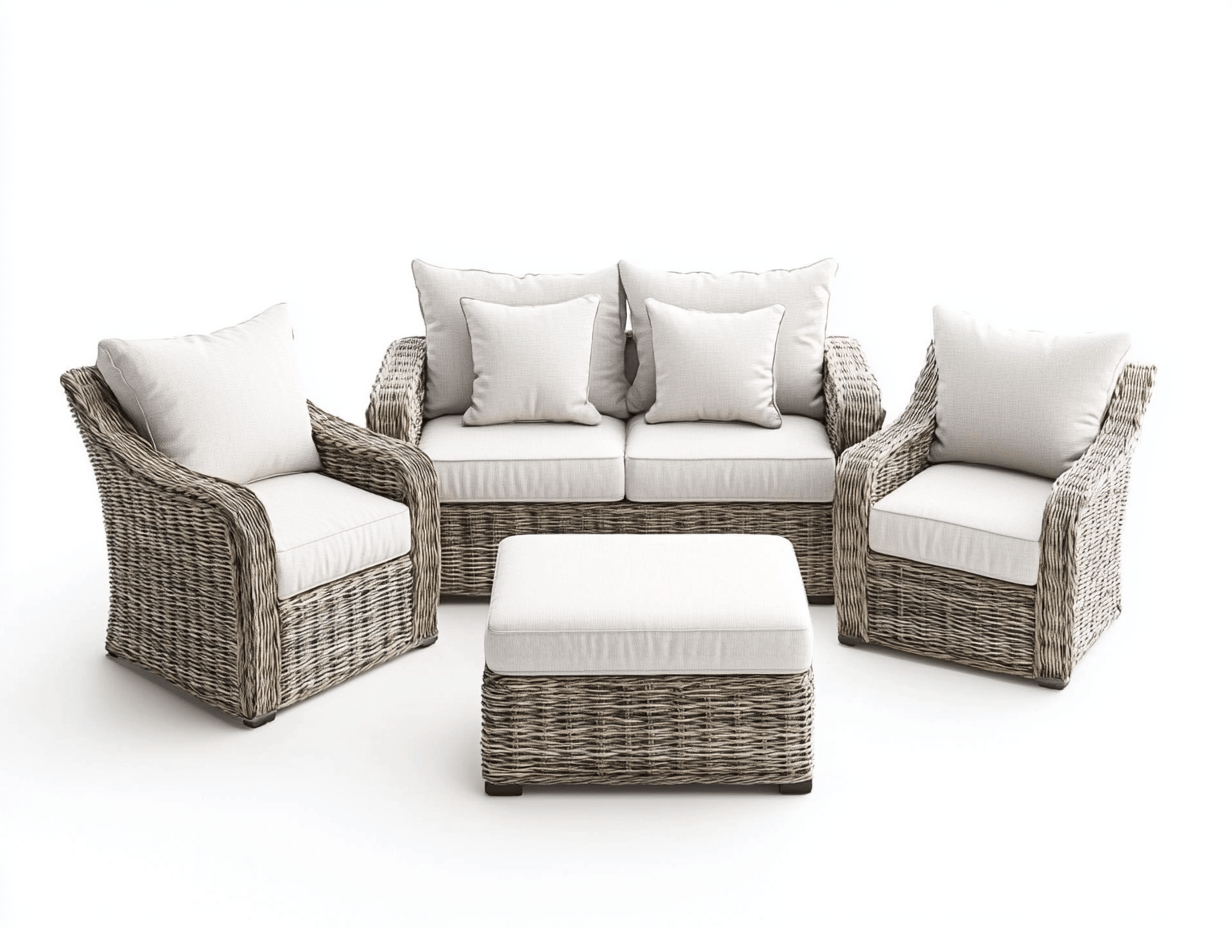 Conjunto de sofá exterior de ratán curvado con cojines beige