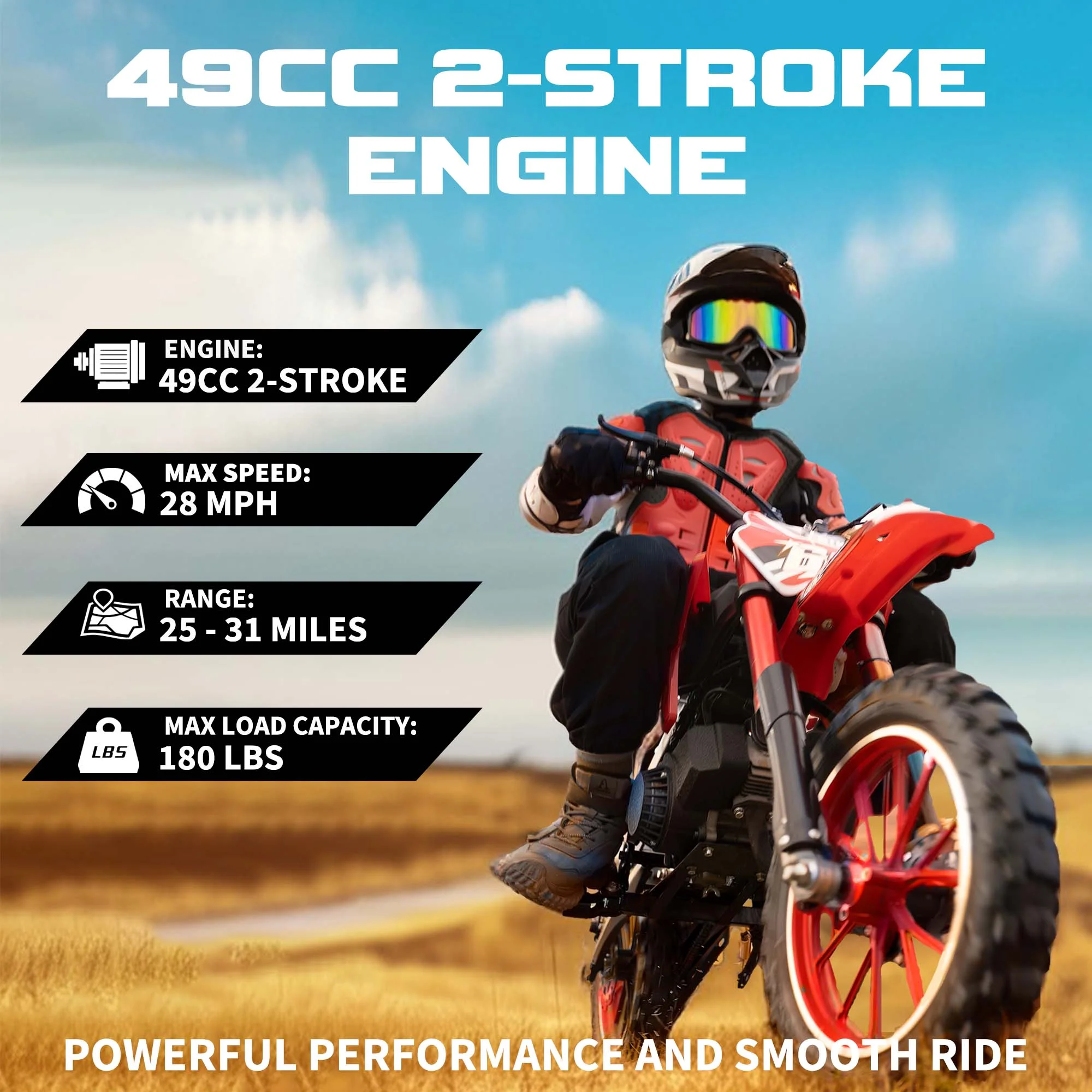 MX moto 49CC Kids Dirt Bicycle, 2-Stroke Gas Powered Off Road Motorcycle, Tire Shock Absorber Spring Soft Seat Cushion with Front and Rear Disc Brake, Max Speed 28 MPH - Image 7