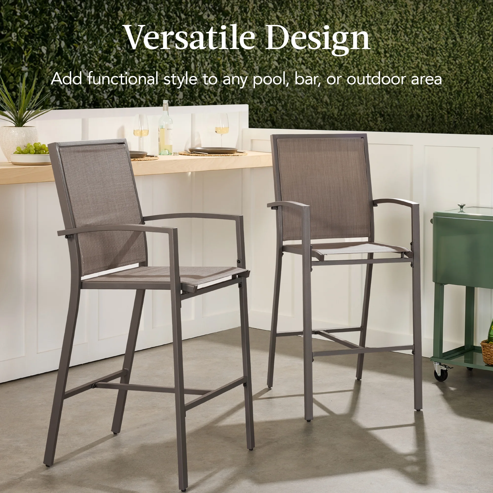 Best Choice Products Outdoor Barstools Set of 2, Bar Height Patio Chairs w/ All-Weather Mesh - Black/Black - Image 19