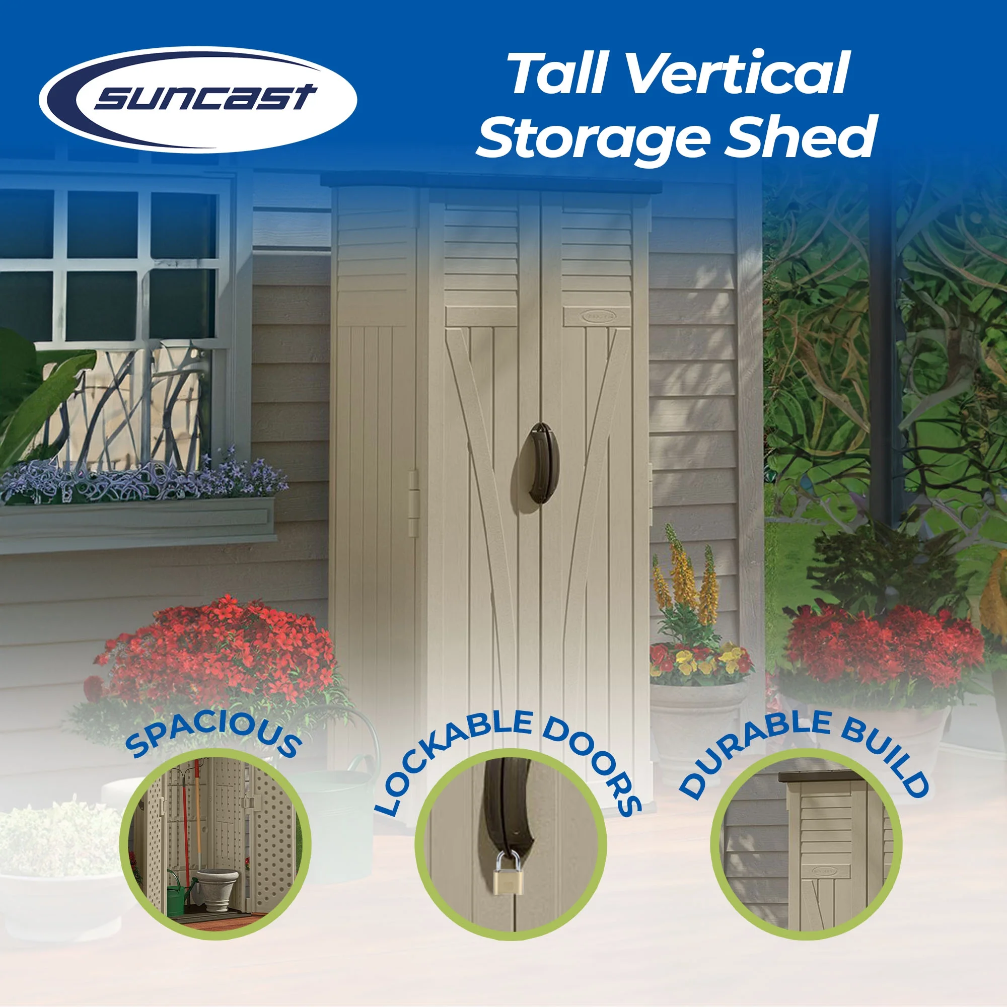 Suncast 22 Cubic Feet All-Weather Vertical Tall Outdoor Storage Shed, Brown - Image 2