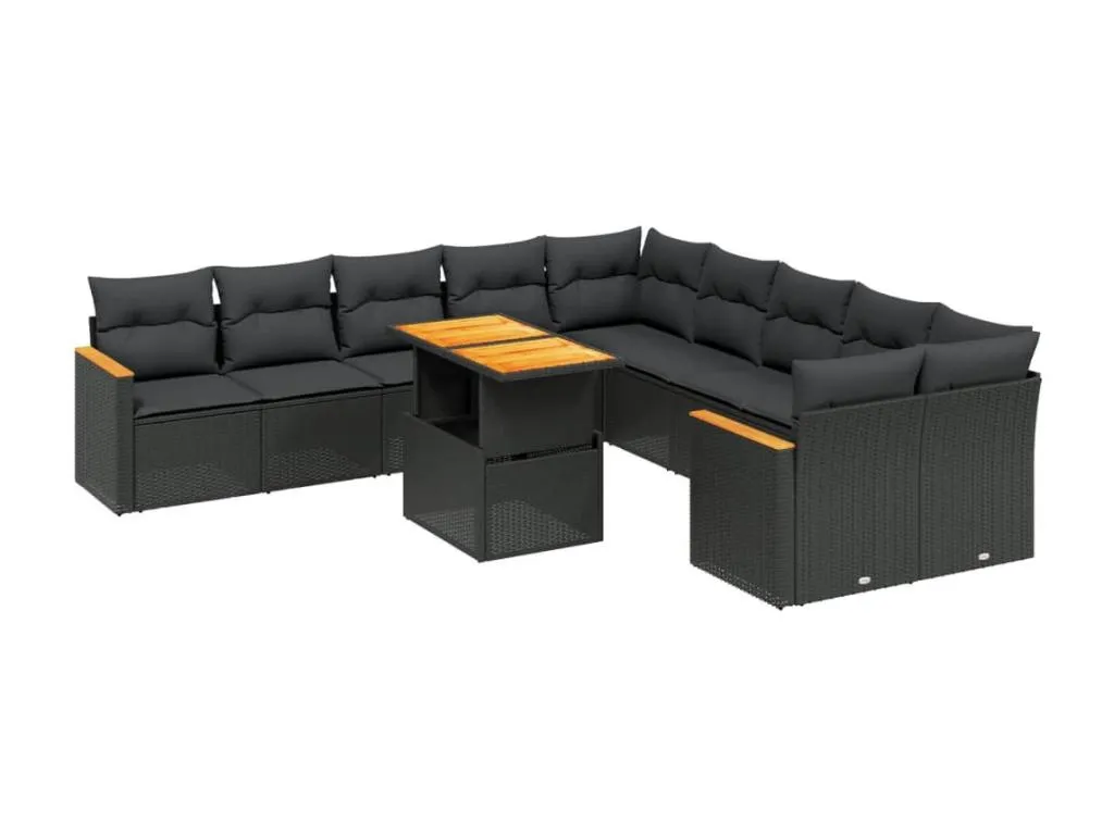 Hogarmini Set de sofás de jardín 11 pzas y cojines ratán sintético negro wdpa02726