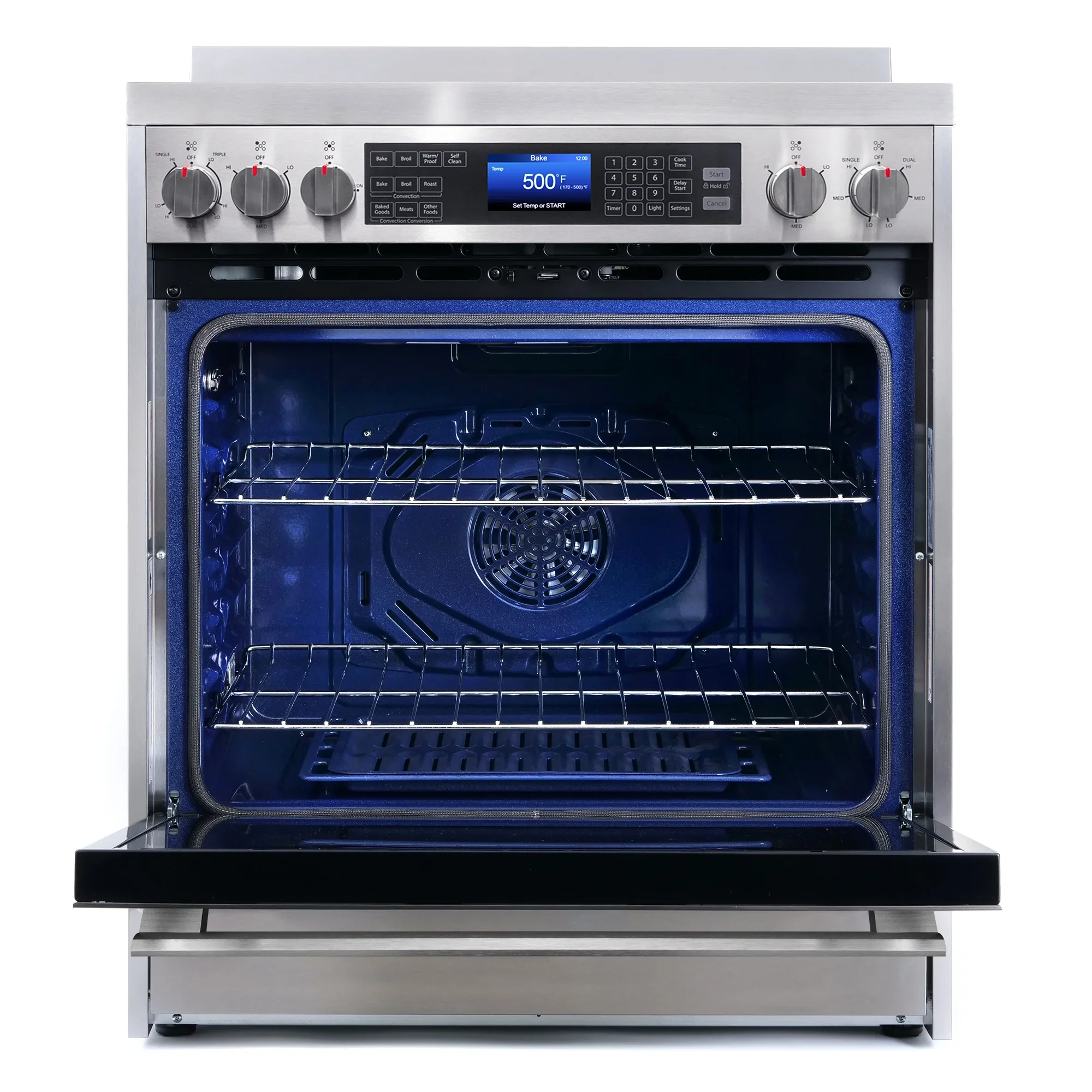 Cosmo 4 Piece Kitchen Appliance Package with 30" Freestanding Electric Range 30" Under Cabinet Range Hood 24" Built-in Integrated Dishwasher & French Door Refrigerator Kitchen Appliance Bundles