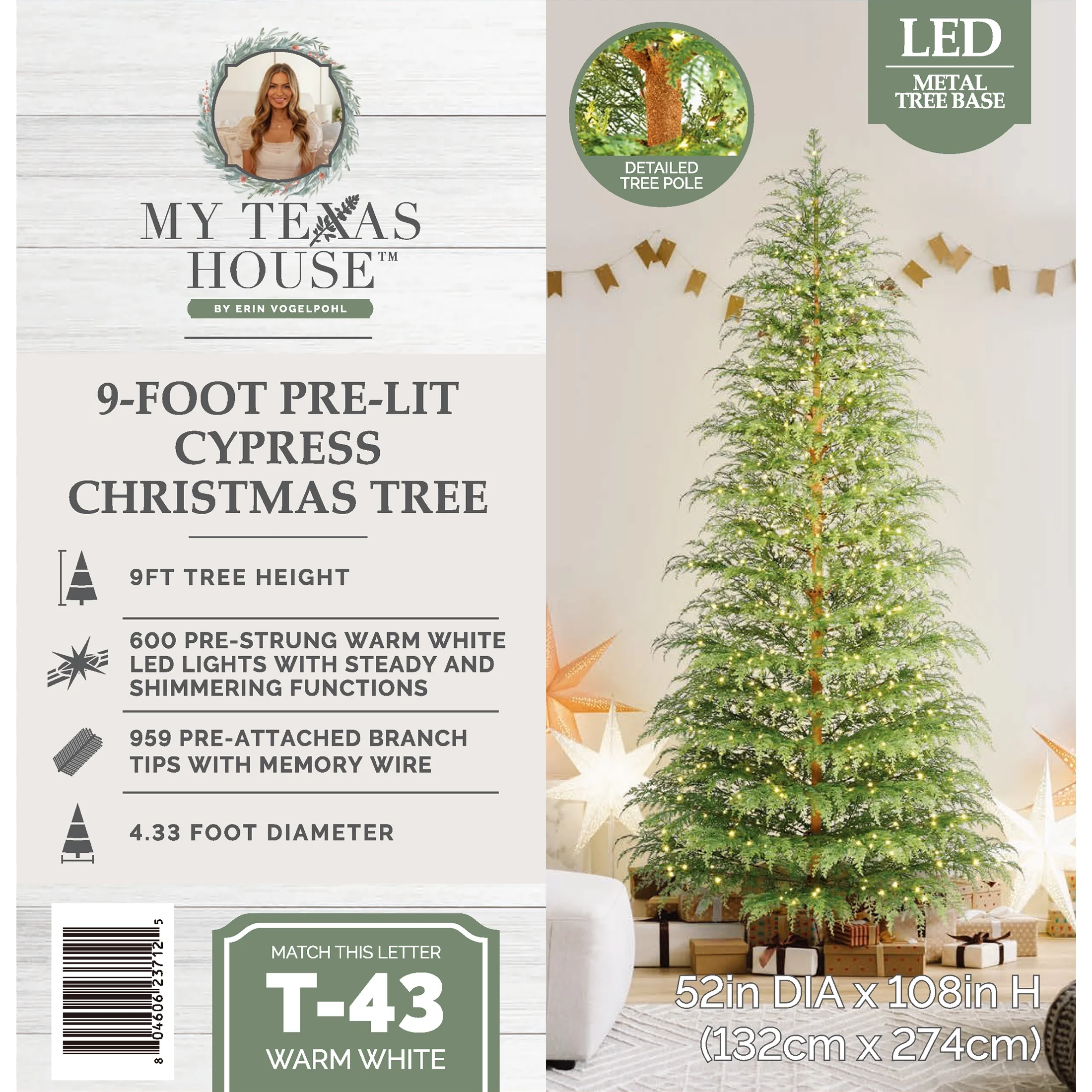 9' Pre-Lit Green Cypress Artificial Christmas Tree with 600 Warm White Twinkle LED Lights, by My Texas House - Image 6