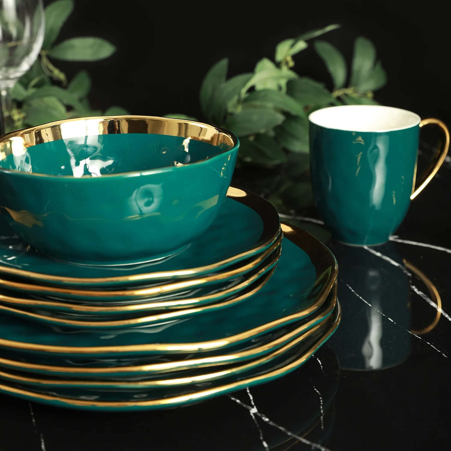 Stone Lain Florian 32-Piece Dinnerware Set Porcelain, Green - Image 3