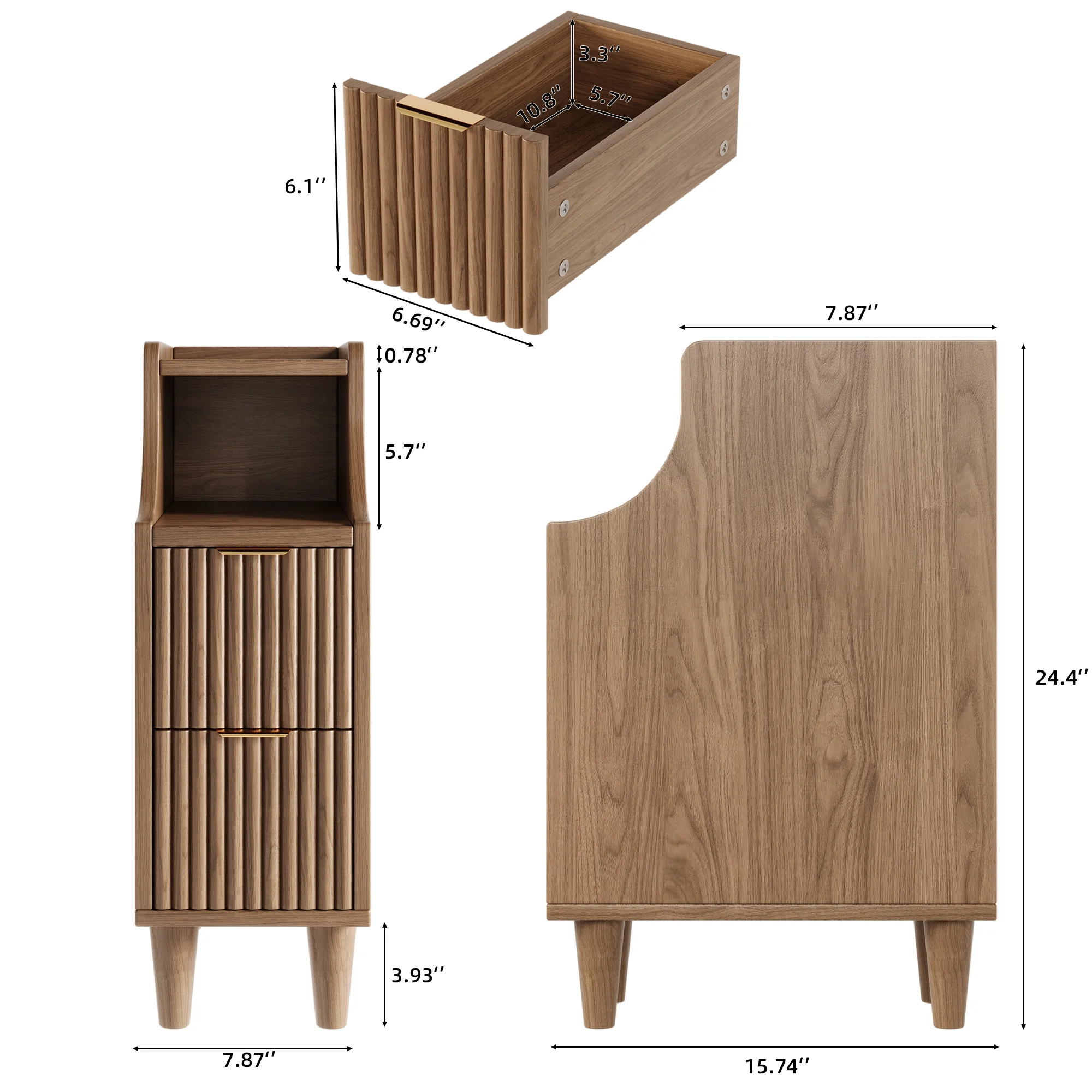 UGTOO 24.4"Tall Walnut Finish 2PC Bedside Table Set with 2 Large Drawers & Top Storage Space Open Shelf, Sturdy Wood Legs, Vintage Cabinet Nightstand for Bedroom with Metal Handle - Image 8