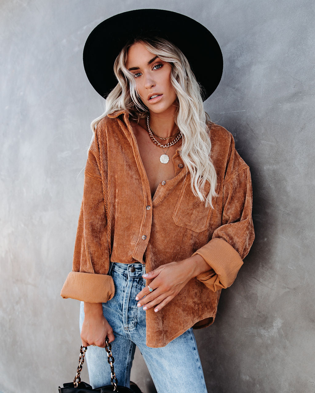 Kamryn Corduroy Button Down Pocket Top - Camel - Se7enfashion