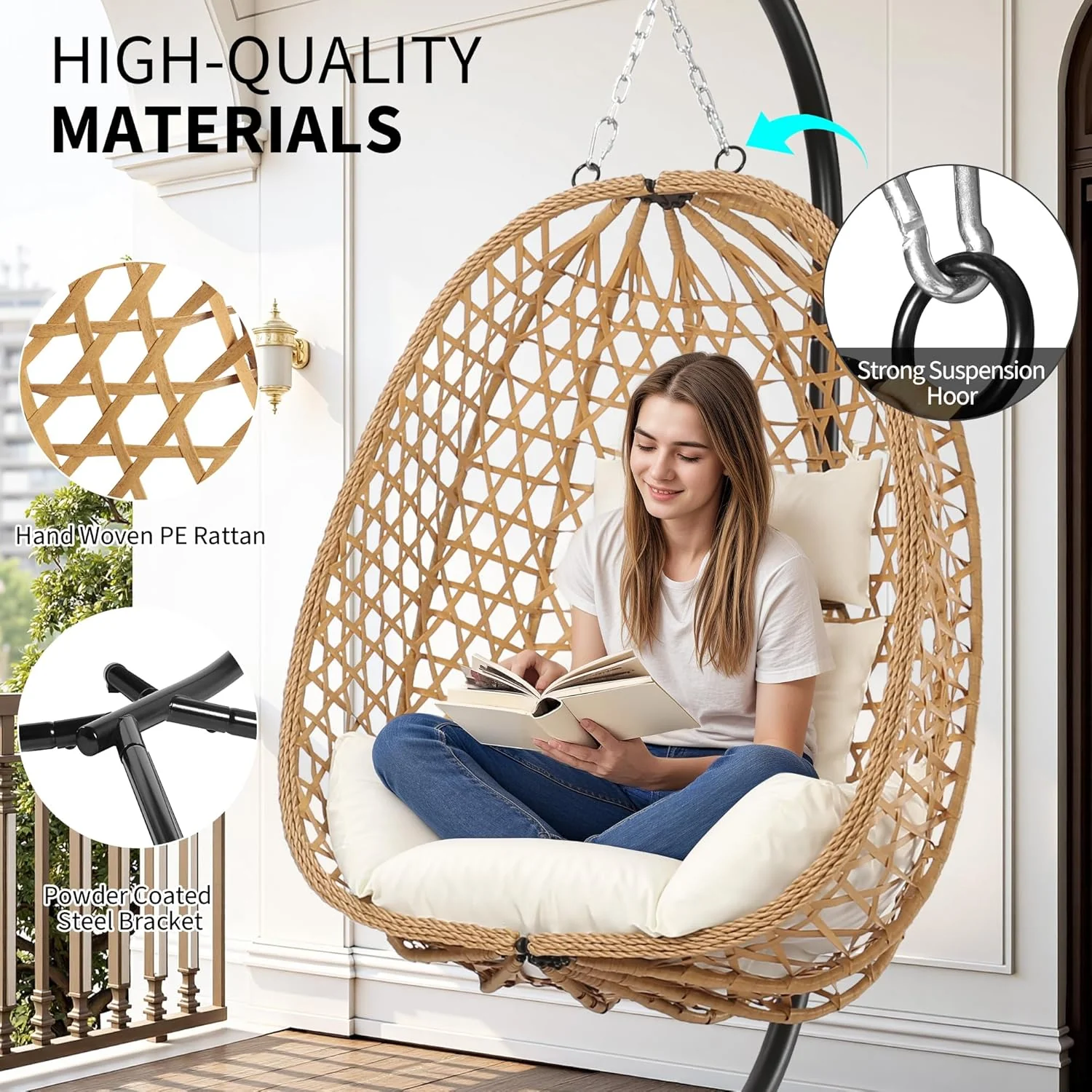Egg Chair with Stand Patio Wicker Hanging Chair Hammock Swing Chair 350LBS Capacity