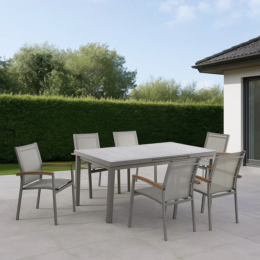 Mesa y sillas de jardín extensible topo aluminio exterior 240×100×76 cm - 5iuVudCEeSYV