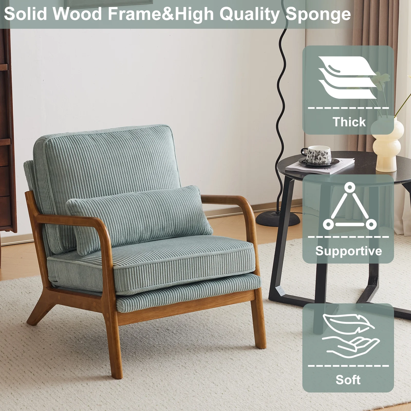 Ktaxon Accent Chair Corduroy Upholstered Armchair, Reading Club Chair with Pillow and Solid Wood Frame for Living Room Bedroom Furniture Off White - Image 168