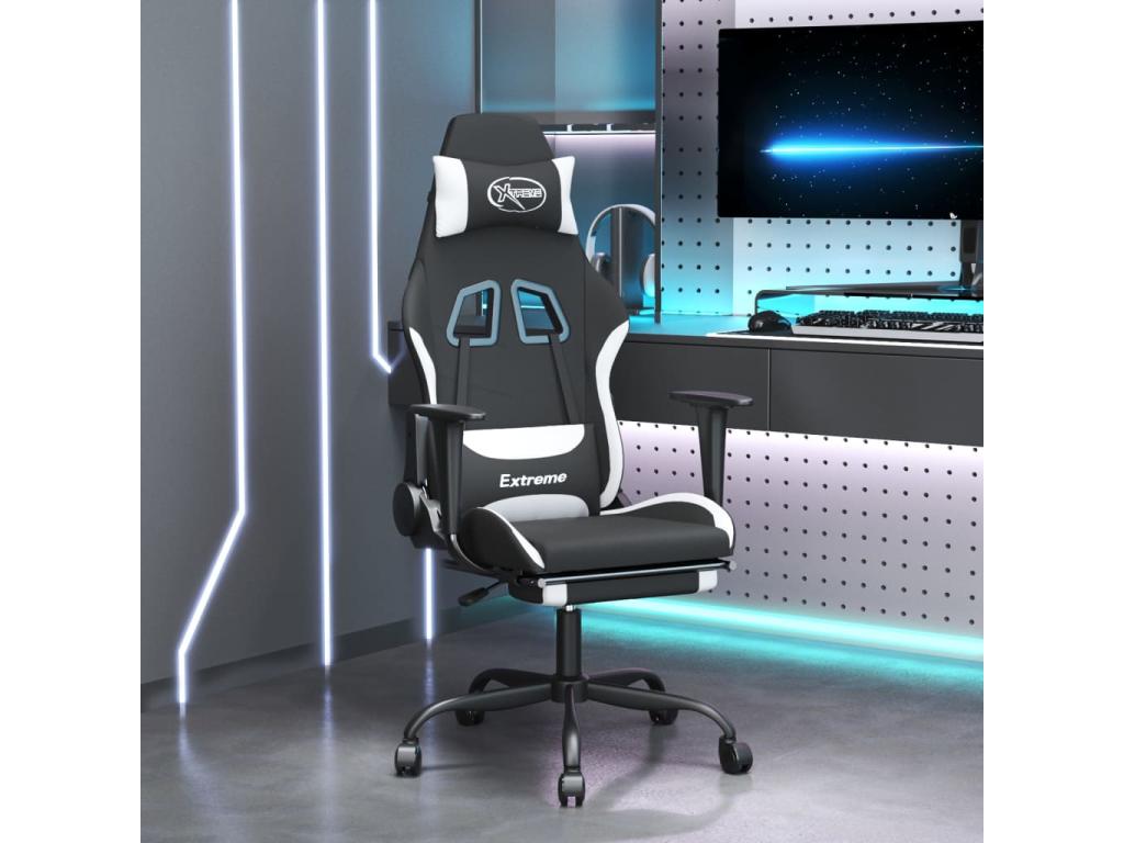 Silla gaming con reposapiés tela negro y blanco