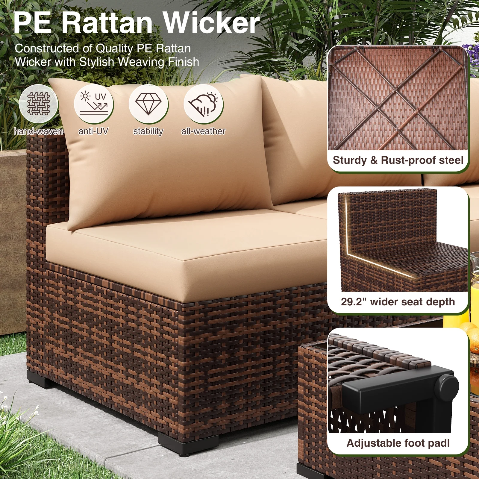 ELPOSUN Patio Furniture Set, Outdoor Patio Furniture Wicker Furniture Couch Set, 5 Pieces Outdoor Sectional Sofa, Patio Furniture Set, Outdoor Patio Set for Balcony Furniture (Grey) - Image 13
