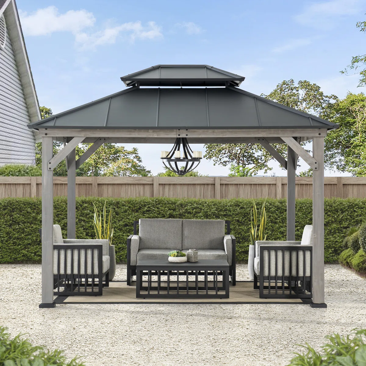 WAYFAIR Sunjoy 10 X 12 Ft. Wood Gazebo, Outdoor Patio Steel Hardtop Gazebo, Cedar Framed Wooden Gazebo With 2-Tier Metal Roof, Suitable For Patios, Lawn And Backyard