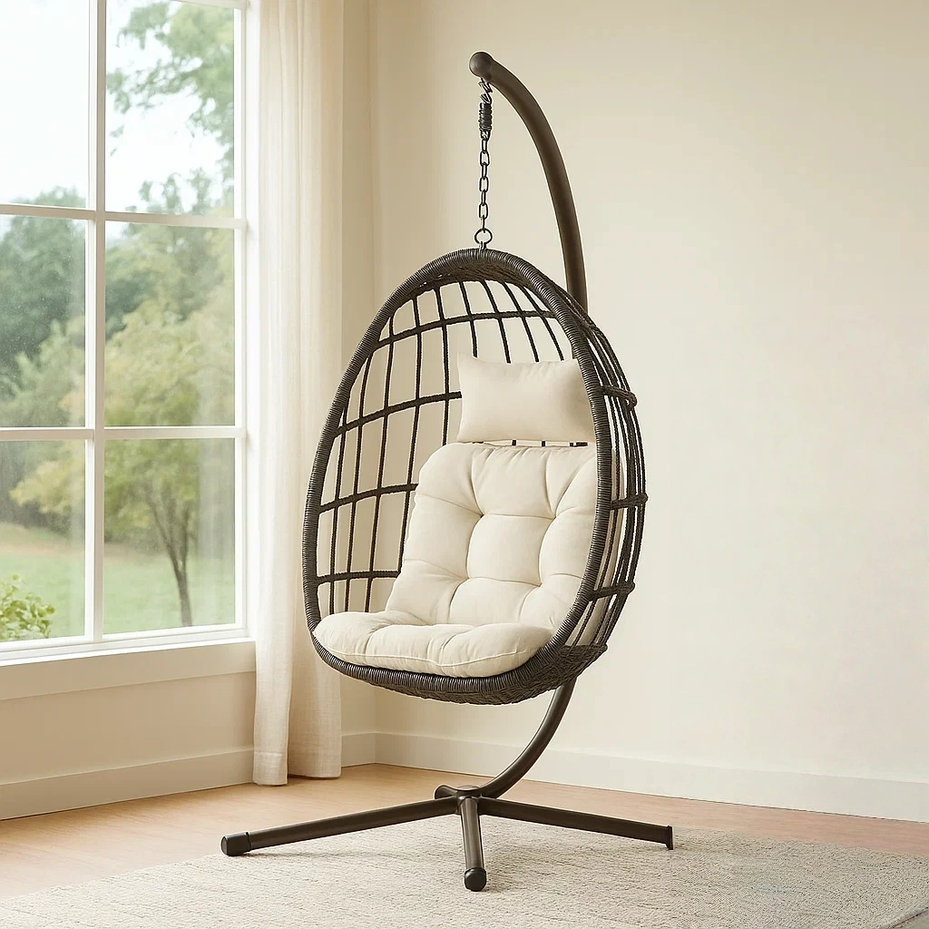Sillón colgante,en forma de huevo,ratán sintético,marrón y beige,con soporte,para jardín,105x70x195 cm - lresi3FsrLgy