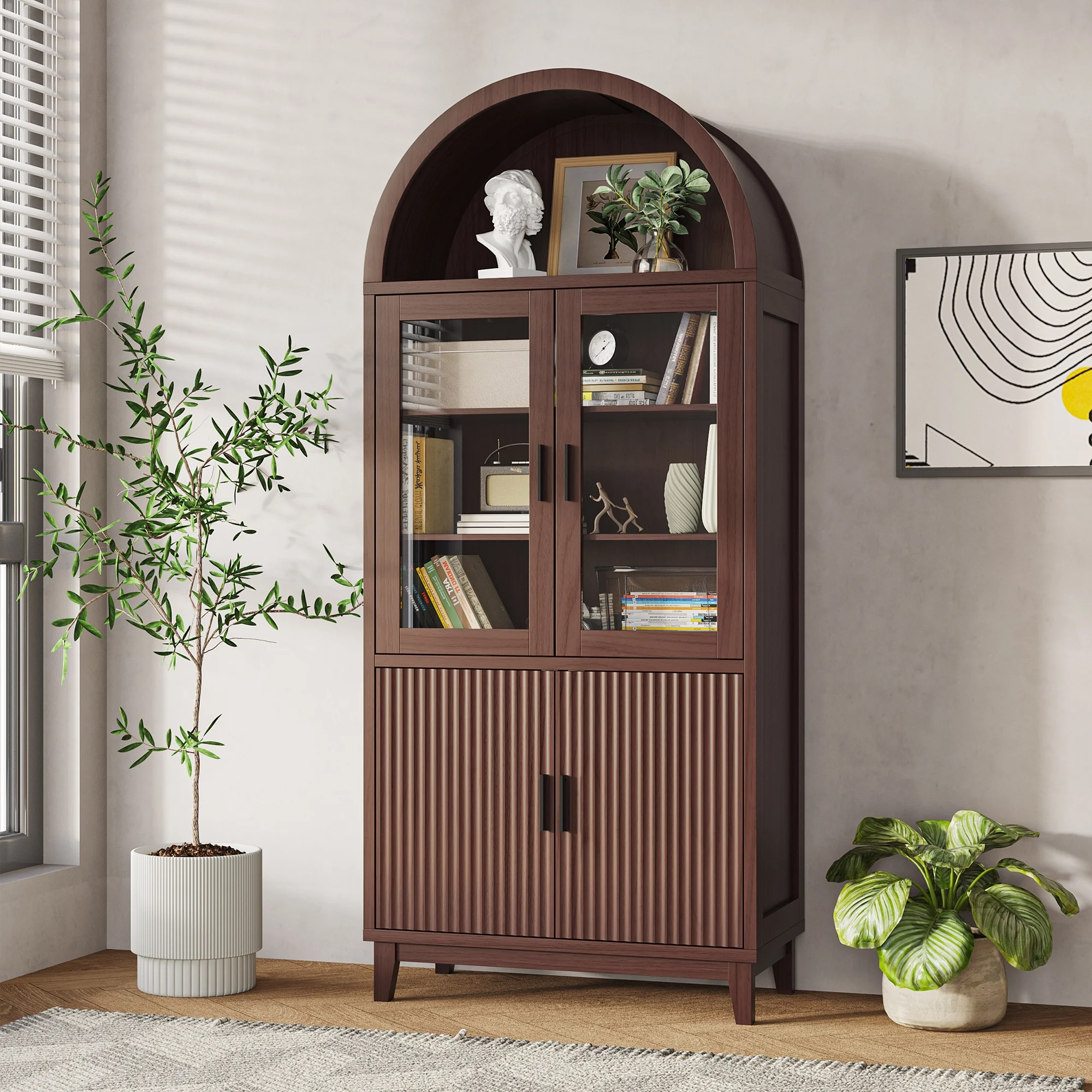 VEANERWOOD 71" Tall Arch Cabinet, Wood Fluted Kitchen Kitchen Storage Cabinet with 4 Doors and 6 Shelves for Dining Room Living Room - Image 20