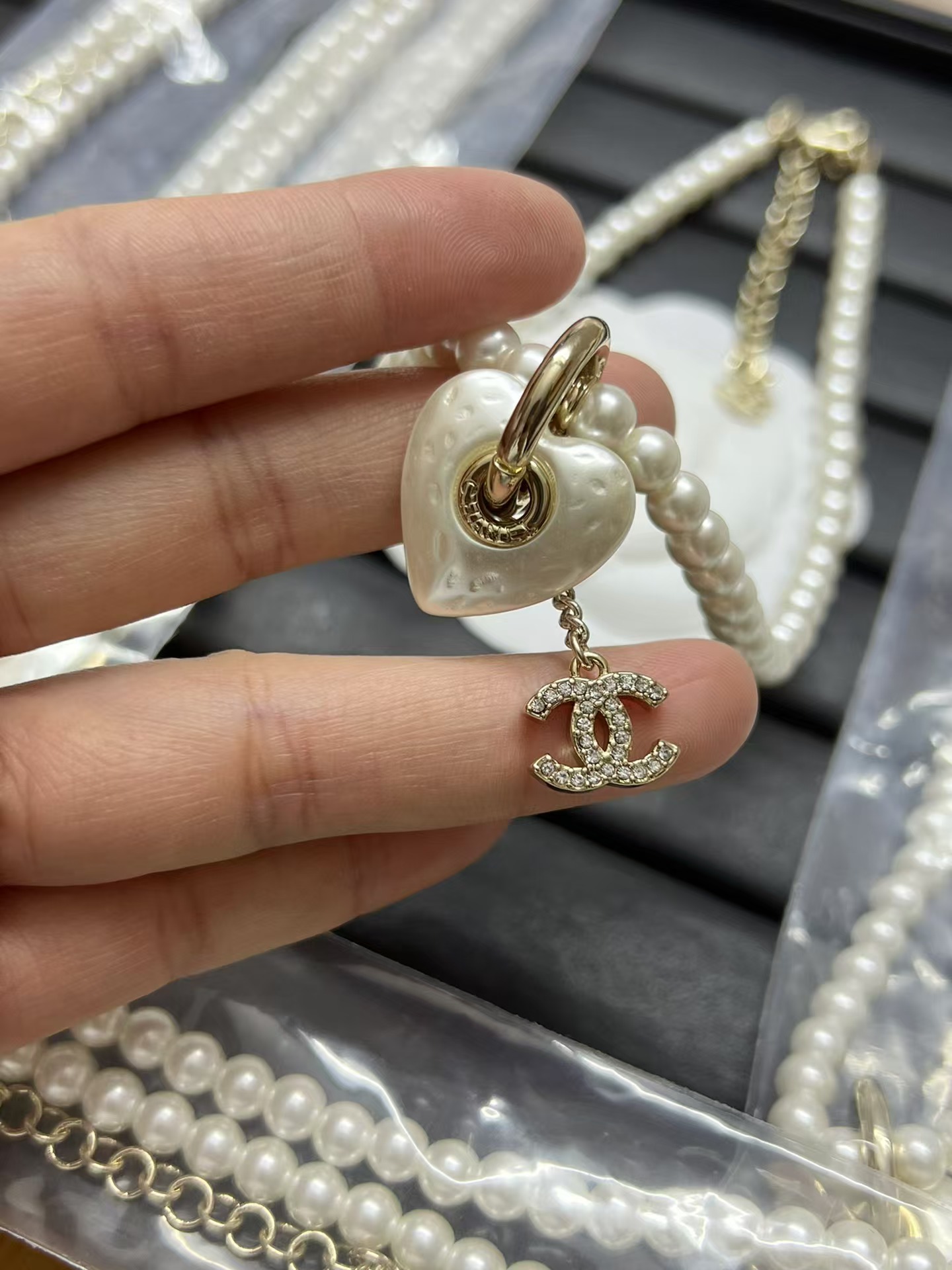 Chanel Heart with Double C Pendant Drop Pearl Necklace - Original Replica Club