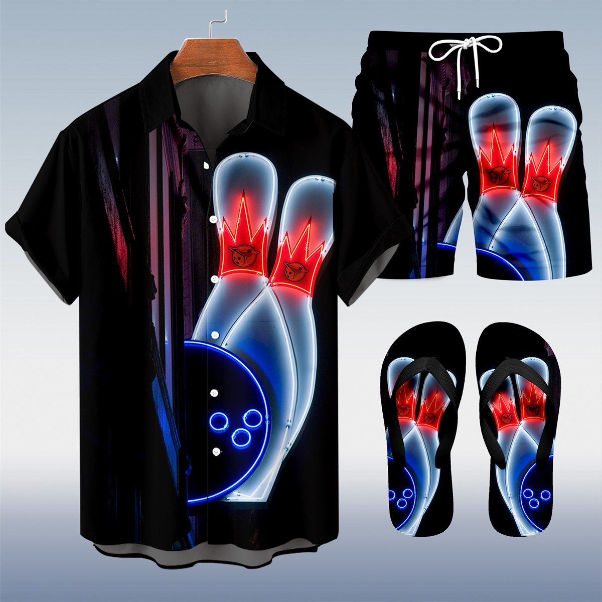 Suitmens Men's Hawaiian Bowling  Print Shirt Three-Piece Set 046