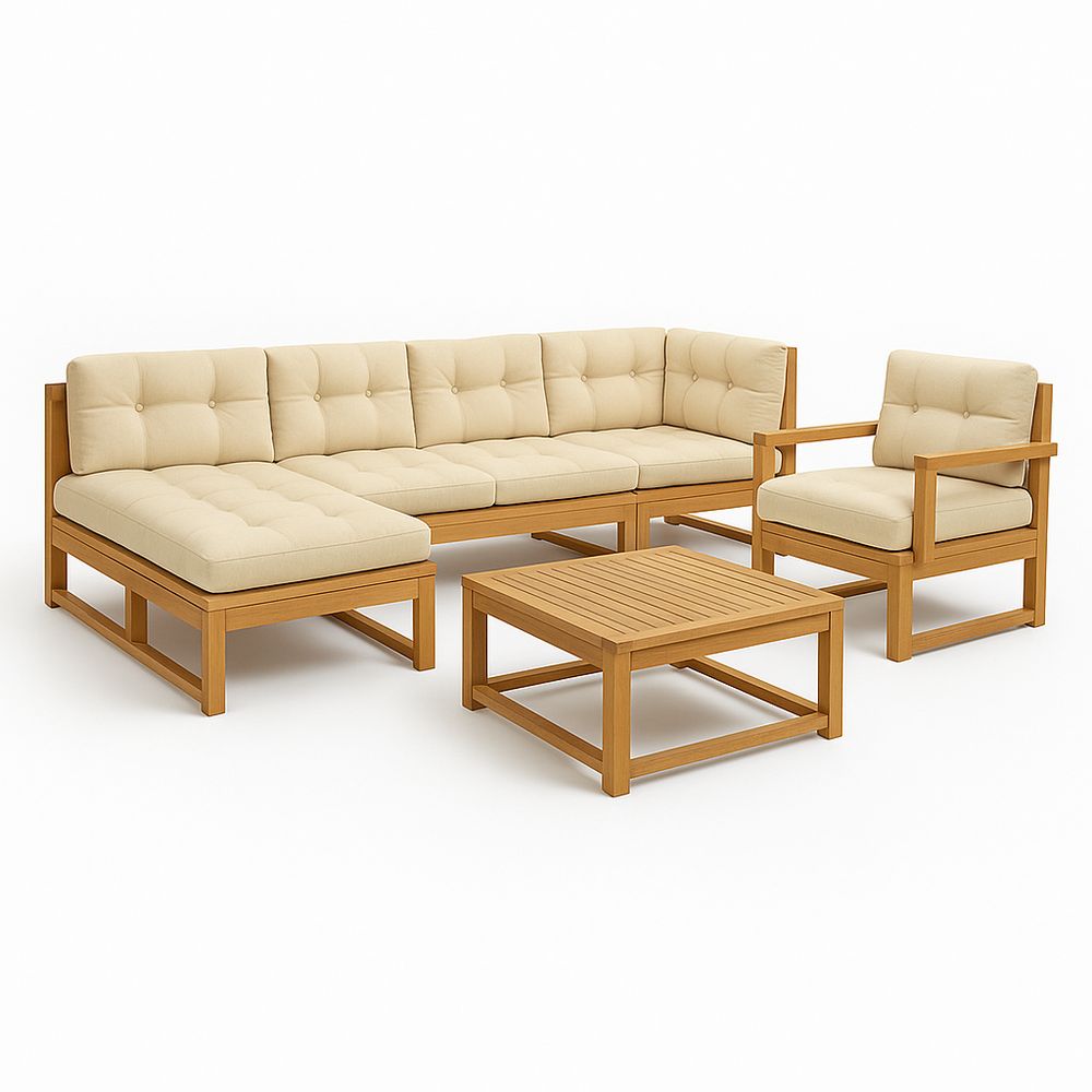 Sofá modular de jardín en color beige,estructura de madera,estilo contemporáneo,juego de salón exterior,incluye mesa de café