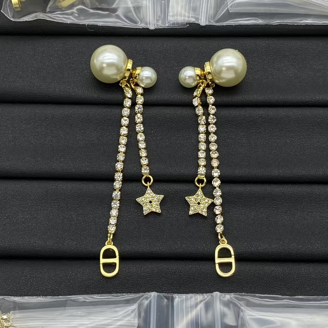 Dior Rhinestone Tassel Pearl Earrings - Original Replica Club