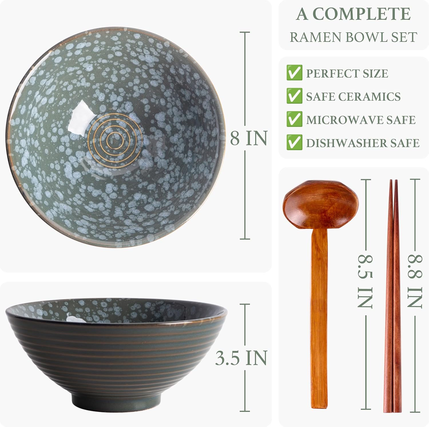 40oz Japanese Ceramic Ramen Bowl Set of 2 with Chopsticks and Spoons for Pho Udon Asian Soup Noodles (Jade Speck)
