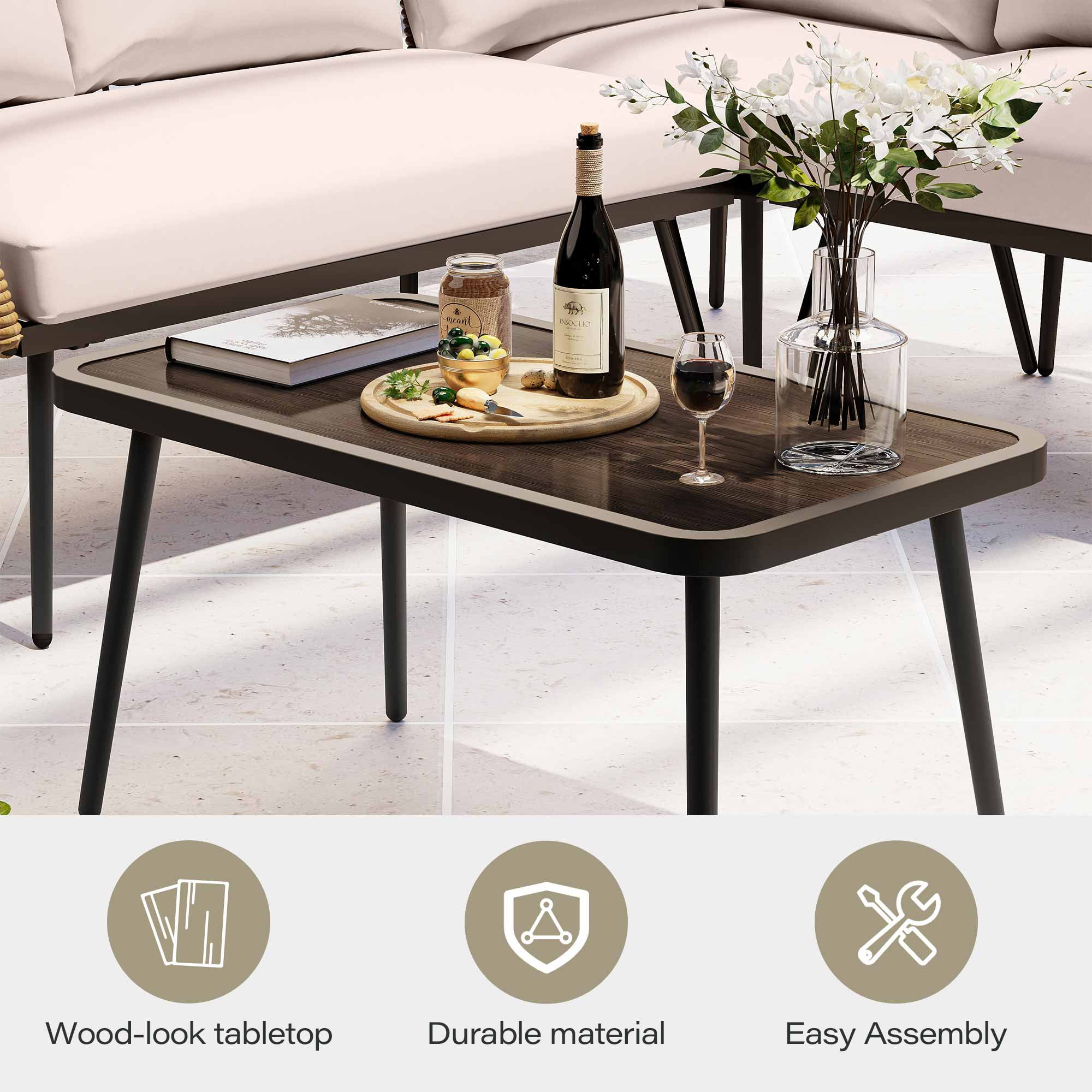 LAUSAINT HOME 4 Pieces Outdoor Conversation Sets, Patio Metal Frame Sofa with Wood Loveseat and Coffee Table, Beige Cushions - Image 16
