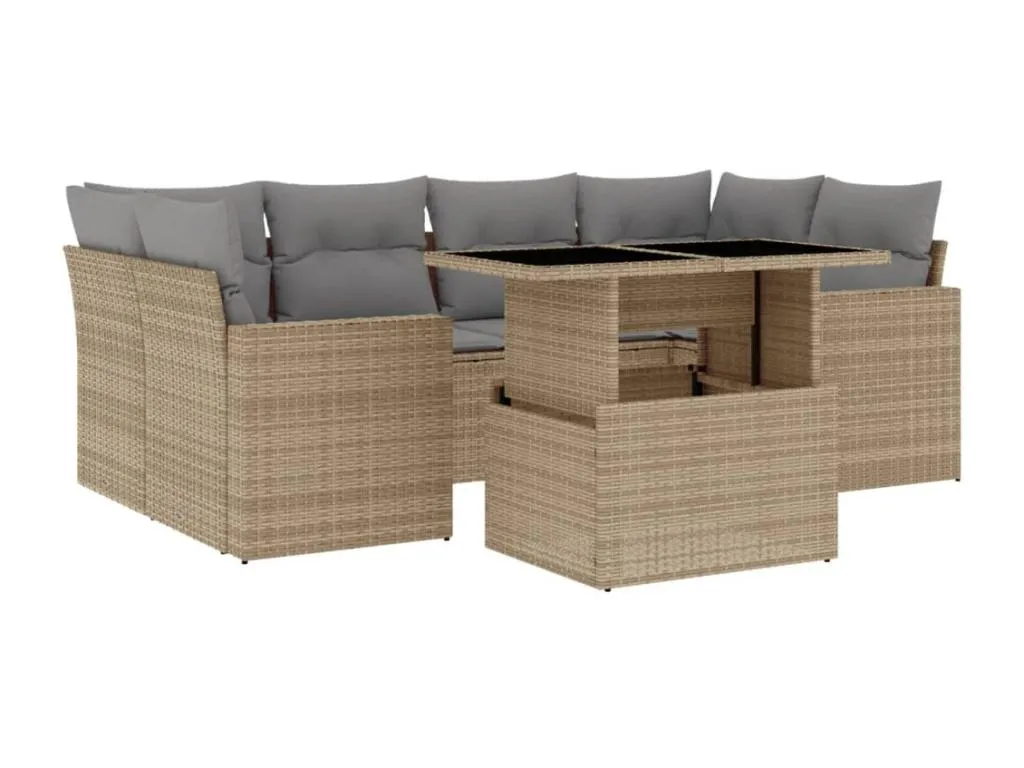 Conjunto de sofás de jardín Biocasahogar – 7 piezas con cojines – Ratán sintético beige XI3708392