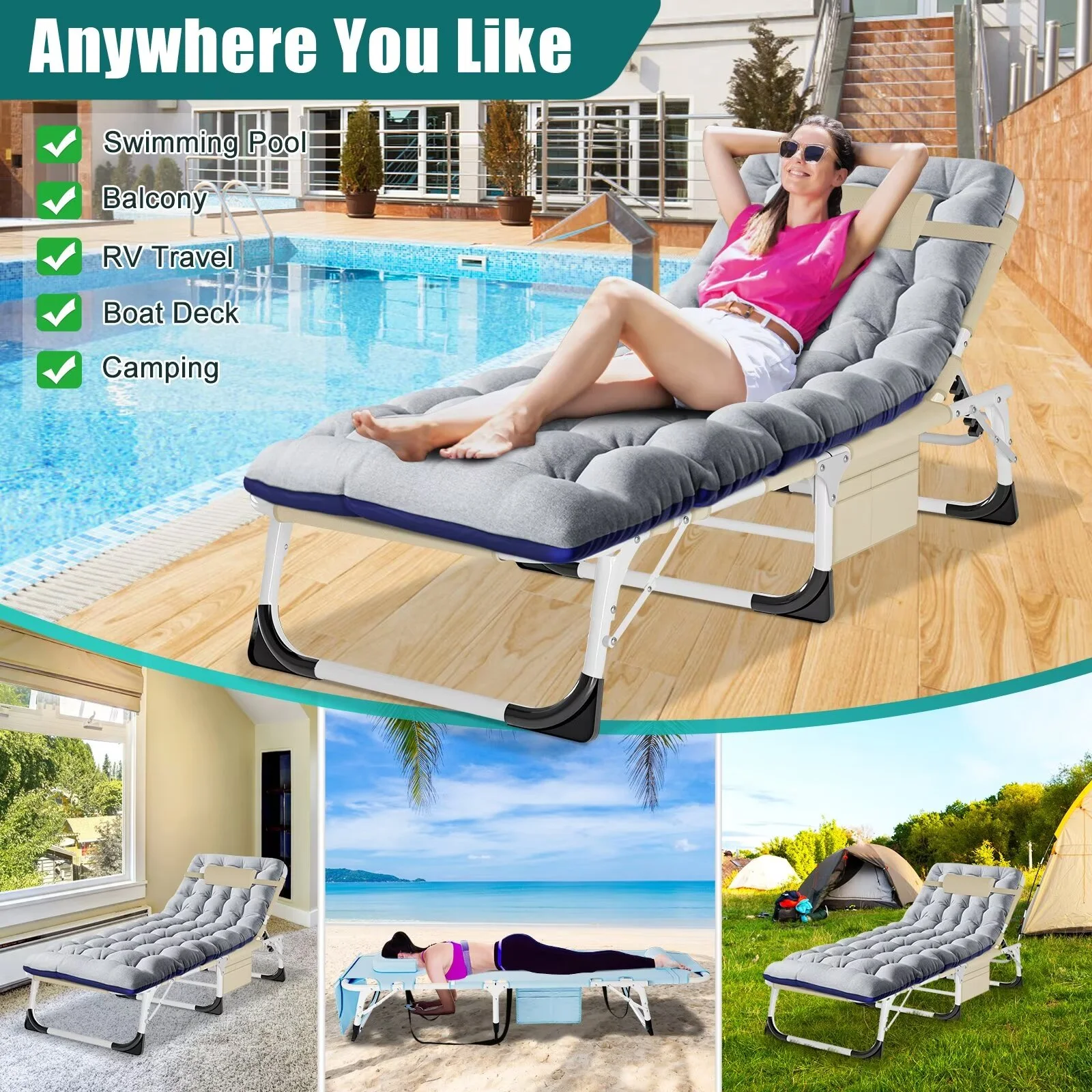 MOPHOTO Lounge Chair with Mattress, Outdoor Chaise Lounge Support 440 Lbs, Adjustable Portable Heavy Duty Sleeping Cots Bed for Camping, Pool, Beach, Patio - Image 39