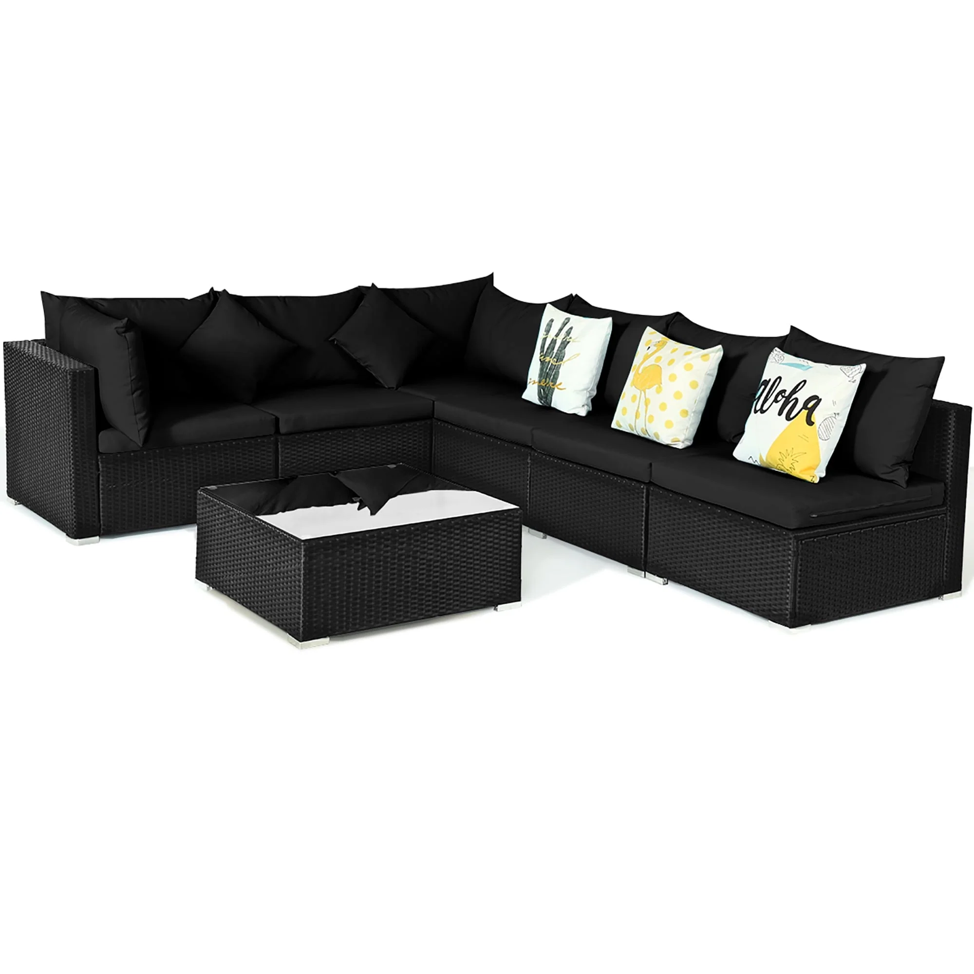 Costway 7PCS Patio Rattan Sofa Set Sectional Conversation Furniture Set Garden Black - Image 10