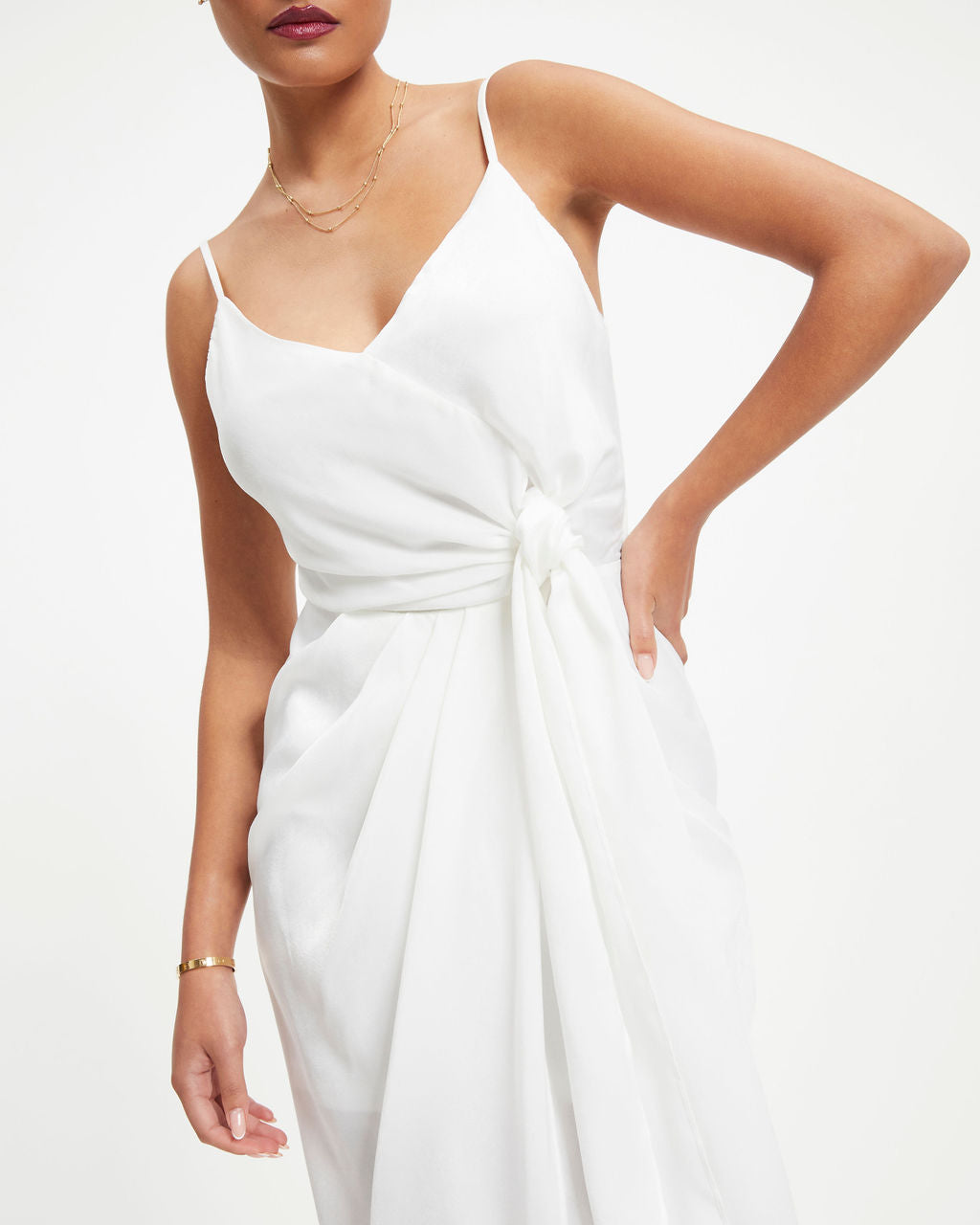 Token Of Gratitude Satin Midi Tie Dress - White - Se7enfashion