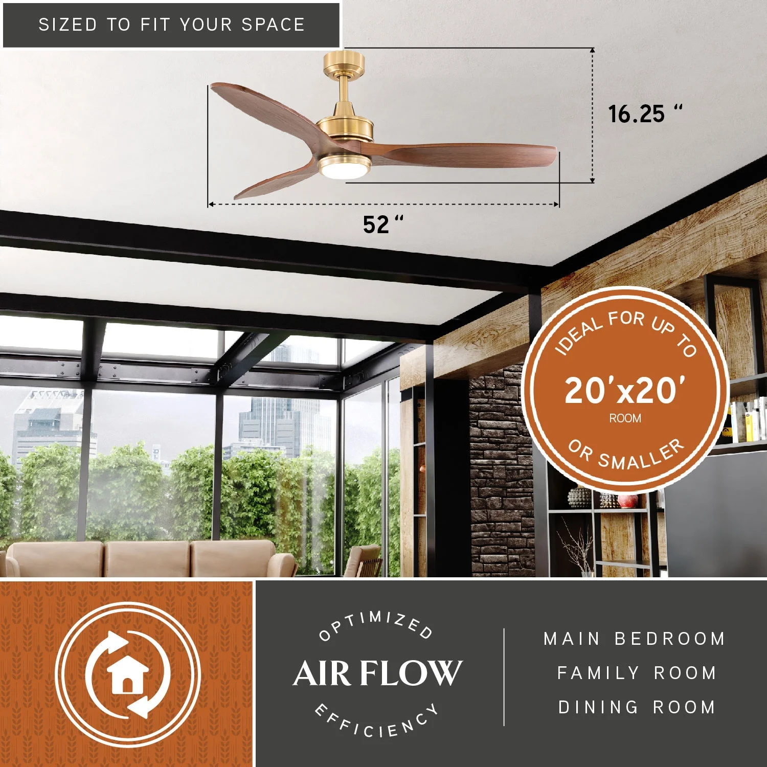 Vaxcel Curtiss Satin Brass Mid-Century Modern MCM Wood Propeller Ceiling Fan with LED Light Kit and Remote - Image 2