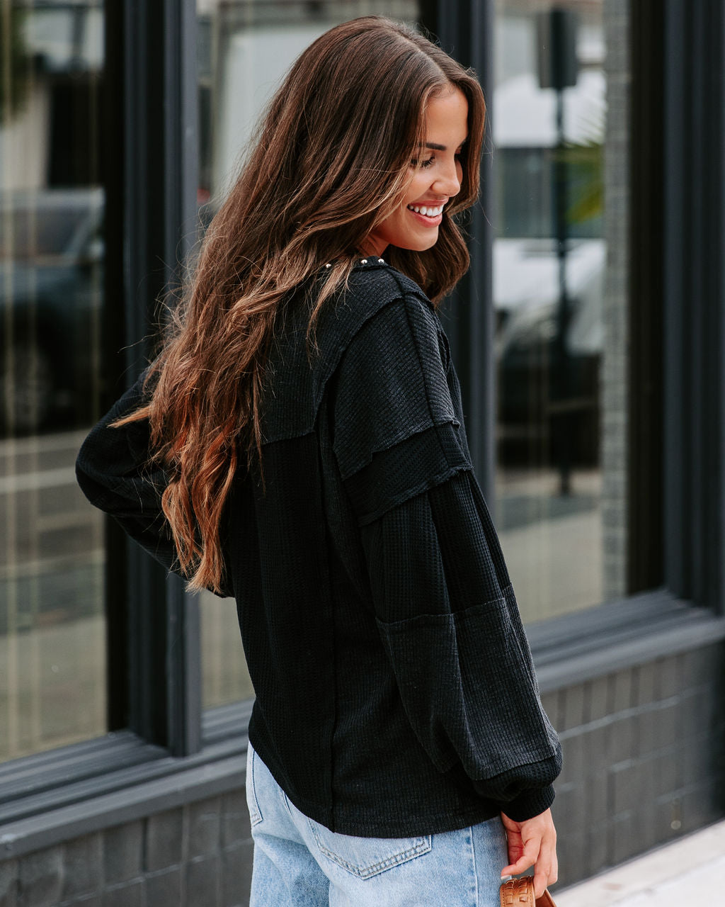 Axel Studded Waffle Knit Long Sleeve Top - Black - Se7enfashion