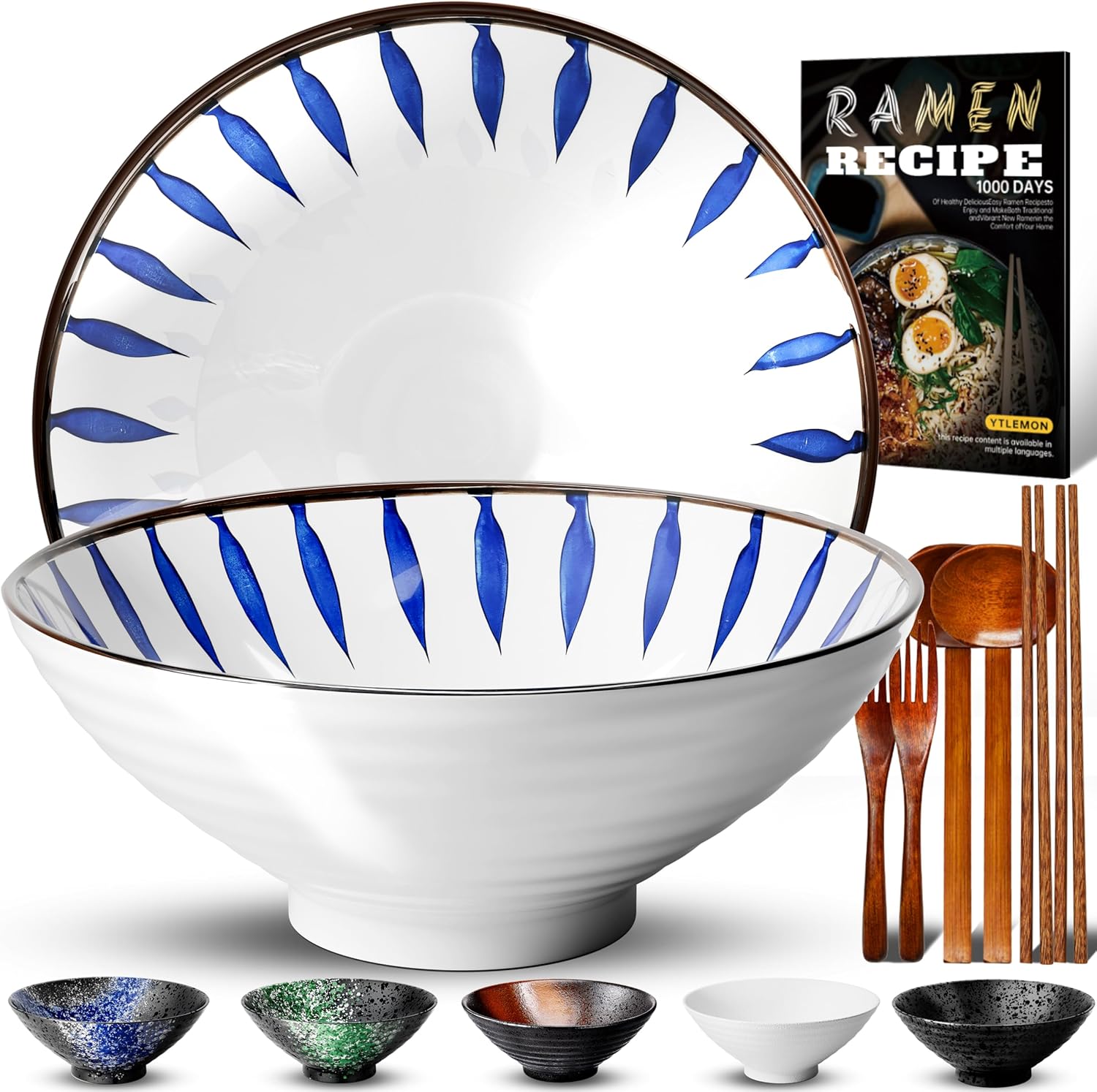 8-Inch Ceramic Ramen Bowl Set of 2 (9 Piece) - Porcelain Japanese Salad Noodles Cereal Fruit Pasta Soup Large Bowls with Recipes Chopsticks Forks Spoons for Men Women Gift Microwave & Dishwasher Safe