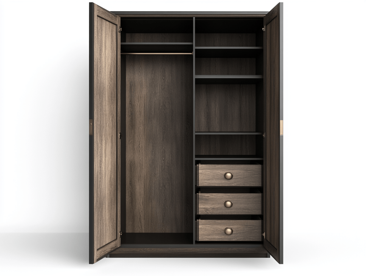 Armario de madera con 2 puertas – 110×55×200 cm – color roble oscuro – con baldas abiertas y 3 cajones – diseño elegante clásico