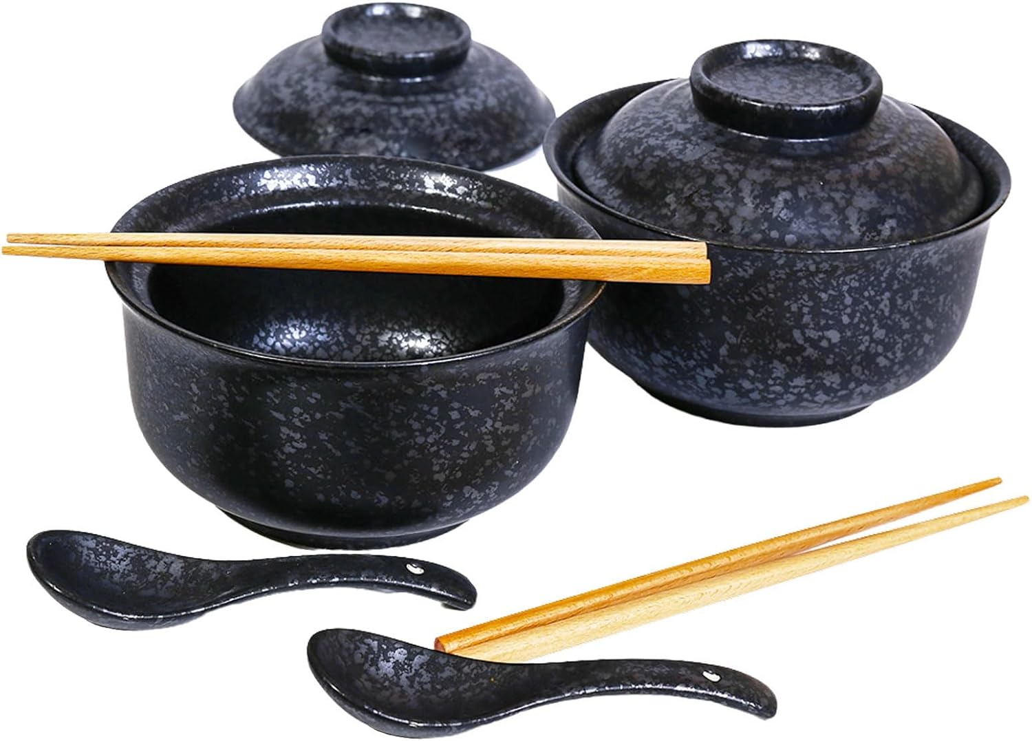 Ceramic Ramen Bowl Set, 800ml, with Lid, Spoon and Chopsticks, Japanese Vintage Large Soup Bowls Instant Noodle Bowl Asian Tableware (Fish*1)