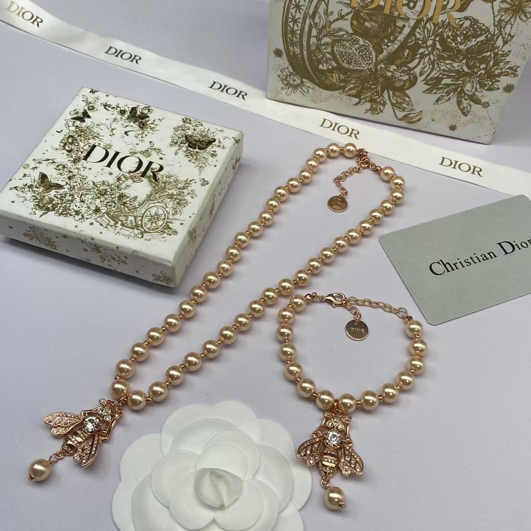 Dior Bee Pendant Rose Gold Pearl Necklace Bracelet - Original Replica Club