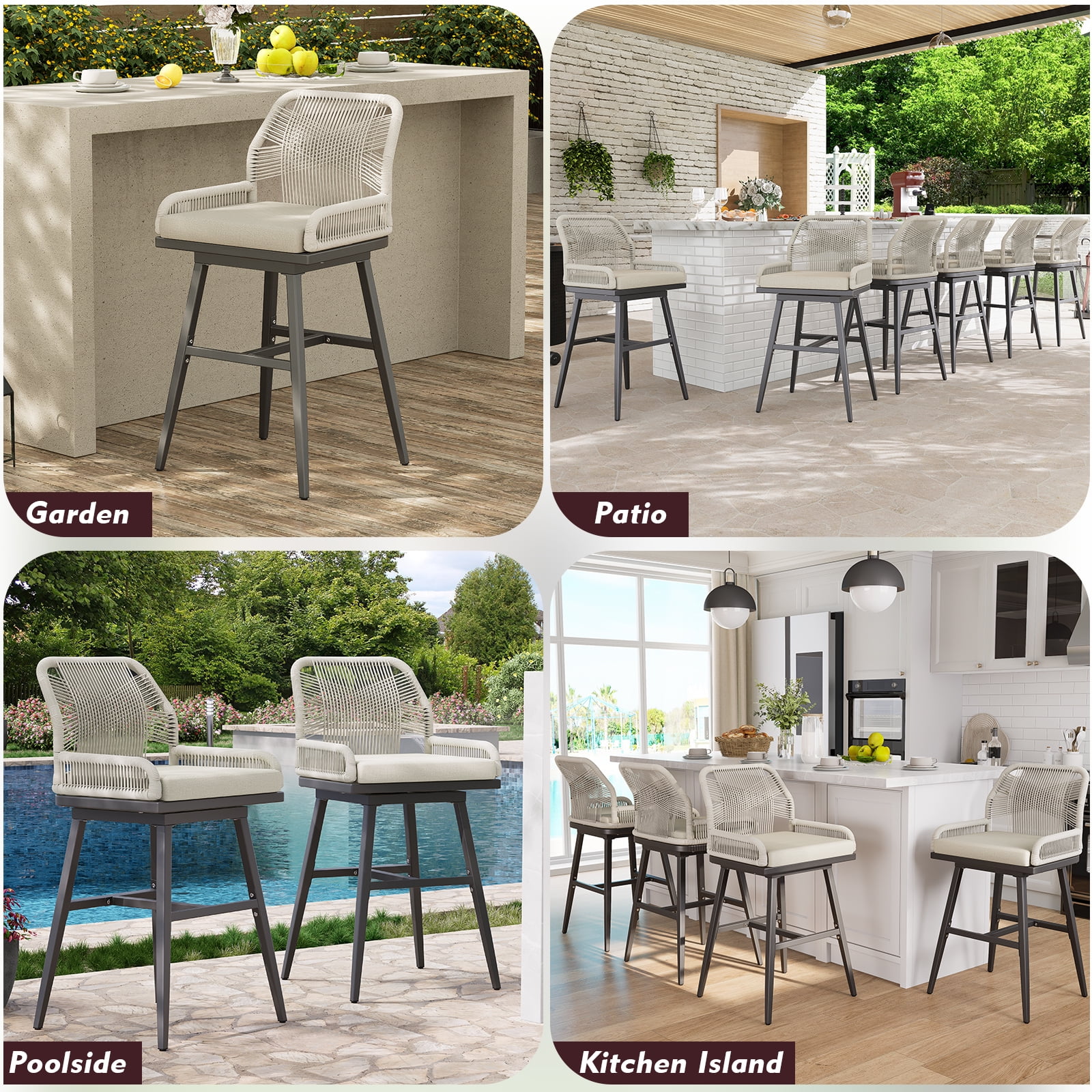 MEISSALIVVE Set of 2 Rattan Swivel Bar Stools, 26" Counter Height with Woven Rope Back, Cushioned Patio Bar Chairs for Kitchen, Garden, Beige - Image 5