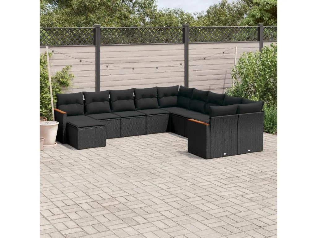 Set de sofás de jardín 11 piezas y cojines ratán sintético negro HETT25695
