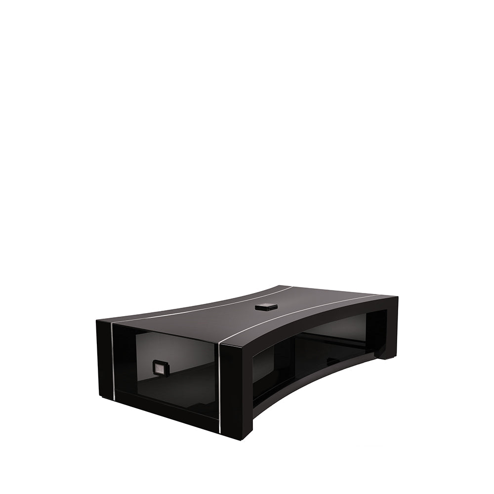 TABLE BASSE RAISINS INCURVÉE - CRISTAL INCOLORE, LAQUÉ NOIR, PLATEAU EN VERRE NOIR