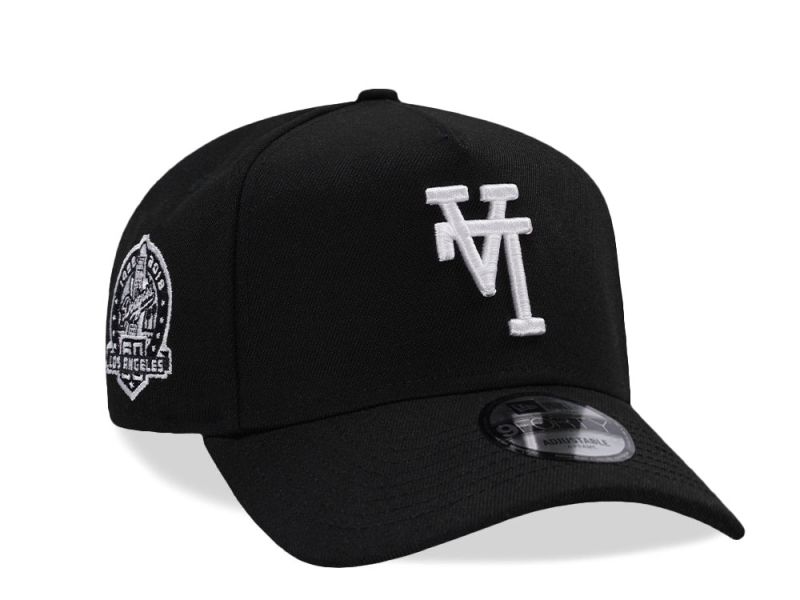 Bottom view of the Dodgers snapback hat displaying the grey undervisor, black sweatband, and official MLB merchandise holographic sticker.